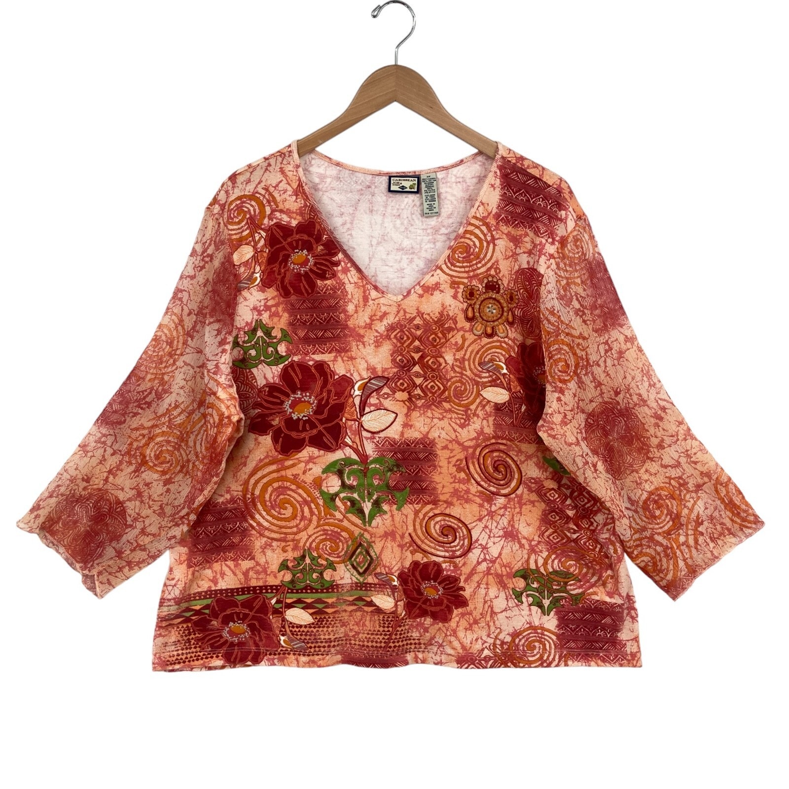 Caribbean Joe Blouse Top Womens Size 2x Multi Geo Floral Sheer Sleeves V Neck
